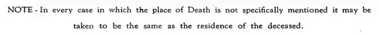 Note - In every case in which the place of Death is not specifically mentioned it may be taken to be the same as the residence of the deceased.
