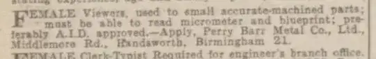 Female Viewers, used to small accurate-machined parts; must be able to read micrometer and blueprint; preferably A.I.D. approved.