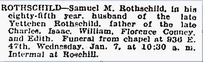 Samuel M. Rothschild death notice, Chicago Tribune, 7 Jan 1920