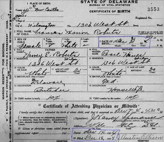 Frances Marion Nottingham Certificate of Birth