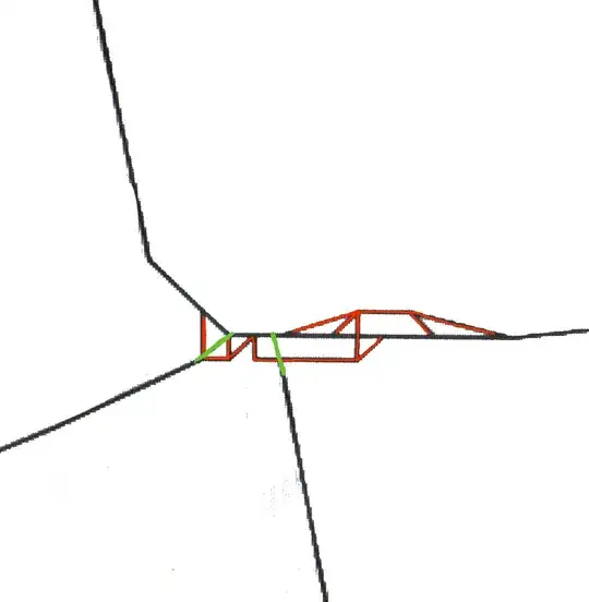 Red = shapes to be removed, green = connections to be added when red shapes are removed