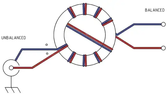 Simple bifilar winding around toroid, unbalanced in and balanced out