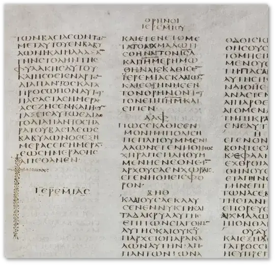 The leftmost column has the end of Jeremiah 52; the column to its right has the beginning of Lamentations, with the title ΘΡΗΝΟΙ ΙΕΡΕΜΙΟΥ beneath which is the superscription. End-Jeremiah-Beginning-Lamentations