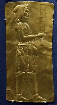 "A 4th-century BCE depiction of a priest bearing a barsom. From the Oxus Treasure. The present-day barsom is much shorter, and made of wire." Image and text from Wikipedia.