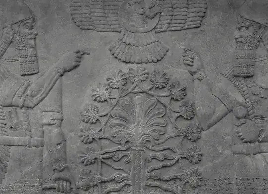 The Tree of Life with Celestial discof Anu, the sun-god Shamash and human (Adama?), from the Mesopotamia Rooms, British Museum.
