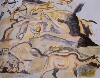 A rocky African landscape. Two archers and a dog are hunting birds. Below the dog is a peacock, and two herons standing. At the base of the rocks stands a hyena looking over its shoulder at a dromedary.