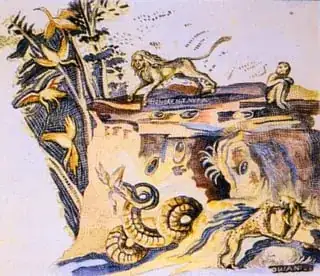 In this watercolour copy of part of the Nile mosaic, a beast with a horse’s body and a woman’s head runs across a flat rock. To the left, a group of herons are flying or falling out of a bush, and one has been caught by a giant snake that coils forth from a cave. To the right, a monkey crouches on the rock and two spotted hyenas face each other.