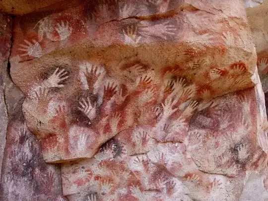 Cueva de las Manos, Perito Moreno, Argentina. The art in the cave is dated between 7,300 BC and 700 AD,[a] stenciled, mostly left hands are shown.