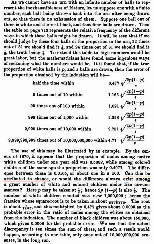 Peirce calculates the probability that a difference can be due to chance.