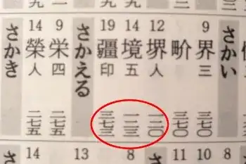 Picture of index from a 漢和辞典 illustrating 一二三 meaning 123