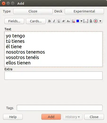 Anki's Add card dialog with the six forms of tener in the simple present