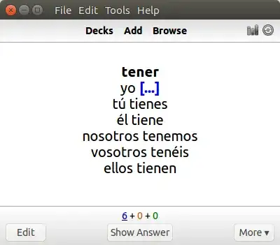 Review dialog with all the simple present verb forms of 'tener', except for the first person singular, where a cloze deletion is visible