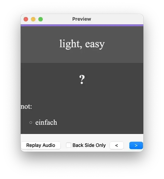 preview of my German card for "easy", showing that "einfach" is not the answer