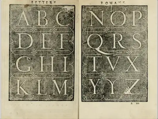 Double-page Eiiii, showing the Roman alphabet: A B C D E F G H I K L M N O P Q R S T V X Y Y Z.  The second "Y" resembles a greek upsilon.