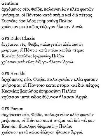 Opening lines of the Argonautica in 4 Greek fonts