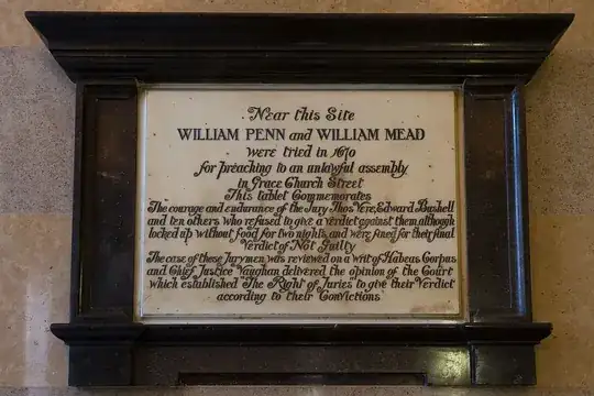 William Penn and William Mead plaque at the Old Bailey.