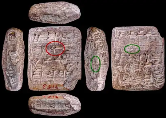 A composite photograph of the Early Old Babylonian era administrative clay tablet (museum number NBC 7153) written in Sumerian cuneiform. The tablet contains handwritten cuneiform text with overlapping cylinder seal impressions. The picture shows the table photographed from all sides. On the obverse side the handwritten cuneiform sign PAN in circled in red. On the reverse side and on one of the edges seal impressions of the sign PAN are circled in green.