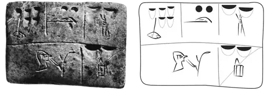 Proto-cuneiform tablet (photo and line art) from the Uruk IV period, CDLI #P000790