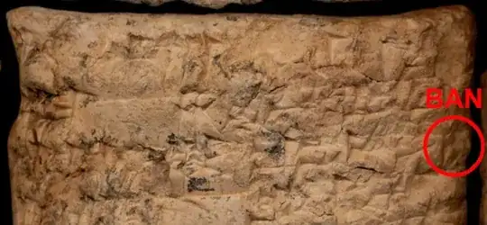 A cropped photo of the actual cuneiform clay tablet which the "line art" tracing above is based on, with the sign BAN marked with a red circle