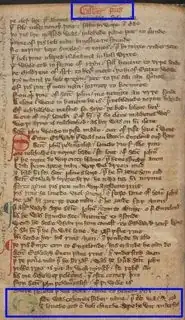 Harley MS 2277 folio 195 verso, running heading "Gilbert patris" in red ink and the first two lines of the poem at the bottom of the page with capital G in green ink, much faded