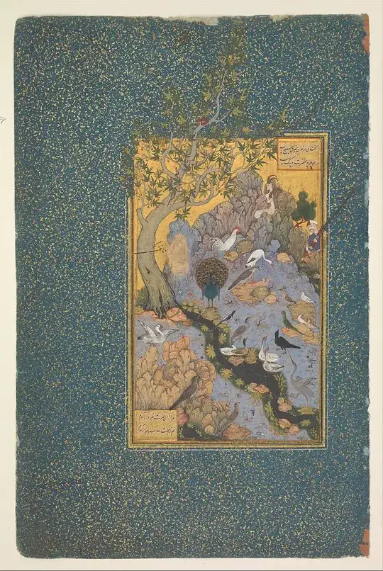 Scene from "The Conference of the Birds" in a Persian miniature. The hoopoe, center right, instructs the other birds on the Sufi path.