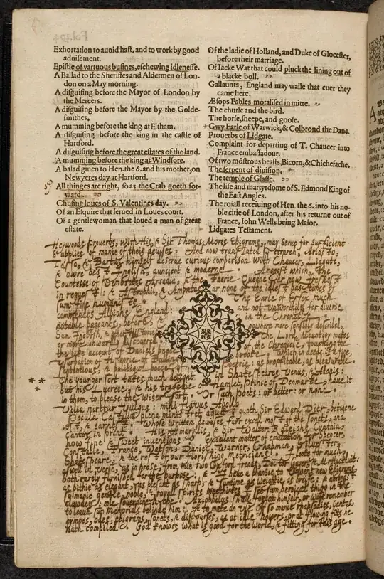 Page from Gabriel Harvey's copy of Speght's 1598 Chaucer edition, showing marginalia that references Shakespeare's Hamlet