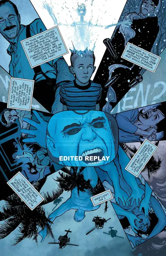 Various scenes from Jon's and Dr. Manhattan's life. Scenes include Jon's father smiling, Jon's desctruction, Jon's mother, Janey arguing with him, Dr. Manhattan having sex with Laurie, fighting in Vietnam, Comedian killing a Vietnamese woman; arranged around a picture of Dr. Manhattan's angered face from the TV talk show