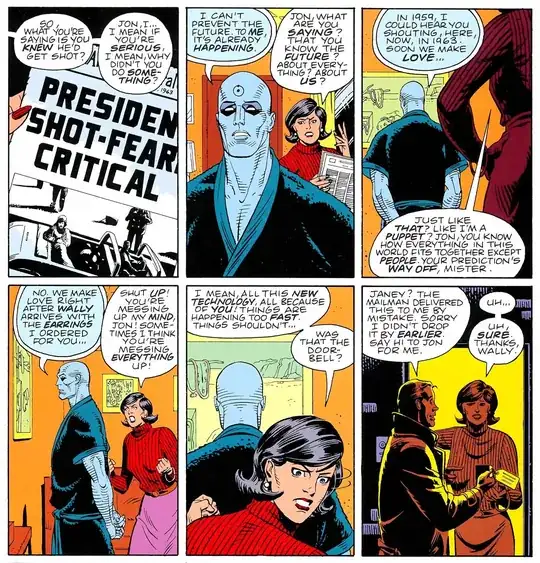 Dr. Manhattan and Janey at home. Dr. Manhattan is looking at a reproduction of Salvador Dali's "Time" painting. Janey holds a newspaper with the news of attempt on President Kennedy's life. Later, Wally arrives with a package.