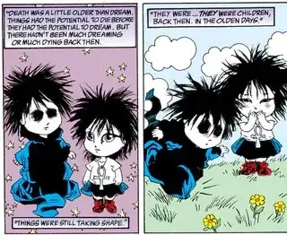 Two panels, both with a child version of Dream and Death of the Endless. Caption 1: "Death was a little older than Dream. Things had the potential to die before they had the potential to dream. But there hadn't been much dreaming or much dying back then. Things were still taking shape." In the second panel, Death giggles as Dream learns to walk. Caption: "They were... they were children, back then. In the olden days."