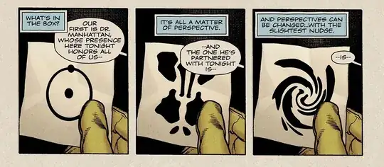 Doctor Manhattan's internal monologue is shown. Captain Metropolis is holding pieces of paper with symbols of superheroes. The first symbol is Dr. Manhattan's; second belongs to Rorschach. Rorschach's symbols starts transforming into something else