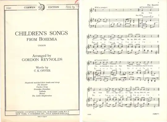 Left: Cover of "Children's Songs from Bohemia"; Right: sheet music for "The Boaster"