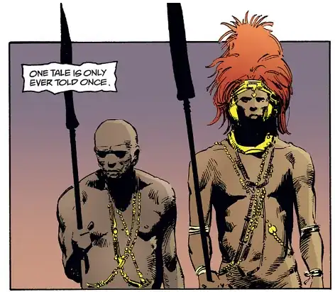 Two African men in traditional garb, standing side by side, holding spears. A narrator's box says "One tale is only ever told once."