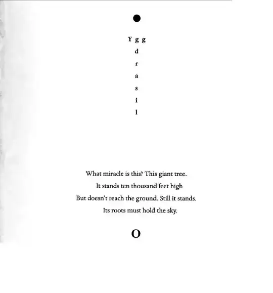 A scanned page, with the word "Yggdrasil" written on it. There is a dot above the word, on the next line the letters "Ygg" appear. The letters "d r a s i l" are each given their own line, descending in order from the letters "Ygg." The passage "What miracle is this? This giant tree./It stands ten thousand feet high/But doesn't reach the ground. Still it stands./Its roots must hold the sky." appears below the word "Yggdrasil." There is large letter "O" below that paragraph.