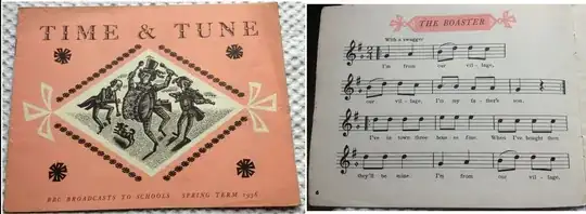 Left: "Time and Tune" front cover from the BBC; Right: Sheet music for "The Boaster"