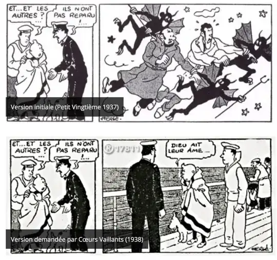 Original and modified frames from "Coeurs Vaillants" showing the deaths of the two bandits in "The Broken Ear"