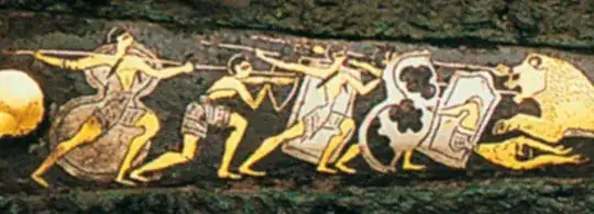 Five Myceanaean warriors confront a lion, two with large rectangular shields, and two with large figure-of-eight shields