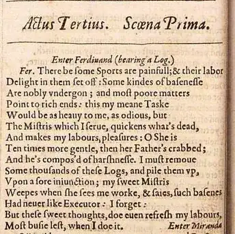 Image of page 10 of the 1623 First Folio of Shakespeare's plays, showing the beginning of Act 3 scene 1 of The Tempest up to the lines asked about in the question.