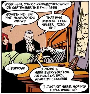 Solicitor: "Your... Uh, your grandmother woke on September the 14th, 1988." Rose: "Something like that. How do you know?" Solicitor: "That was when Alex fell asleep. Irony, eh?"