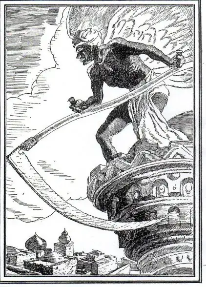 A black-and-white drawing of a man holding a scythe on top of a building