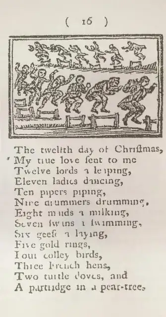 Woodcut of twelve men in tail-coats all in mid-jump over very tiny hurdles. Verse below starts “The twelfth day of Christmas, My true love sent to me Twelve lords a leaping…”