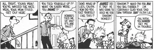 Comic with Calvin tied to a chair by Hobbes