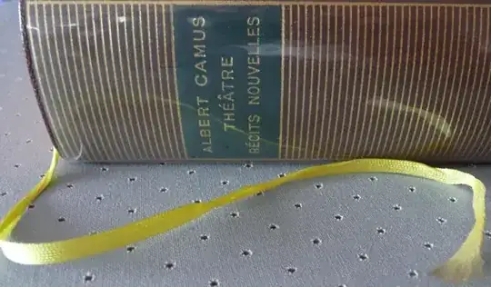 spine of a volume of Camus's works lying flat with with a creased yellow bookmark in front of it