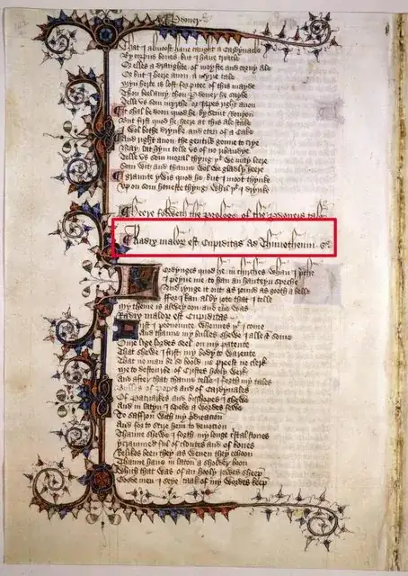 Manuscript page with decorative leaves and knots along the top, left and bottom margins in red, blue, pink and green ink. At the top are the last sixteen lines of the Physician’s Tale, then “Heere followeth the prologue of the pardoner’s tale”, then the epigraph, and then the first twenty-four lines of the prologue.
