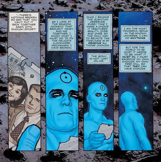 Doctor Manhattan looking at the photograph of Jon and Janey, then at the stars. His face shows sadness, monologue continues