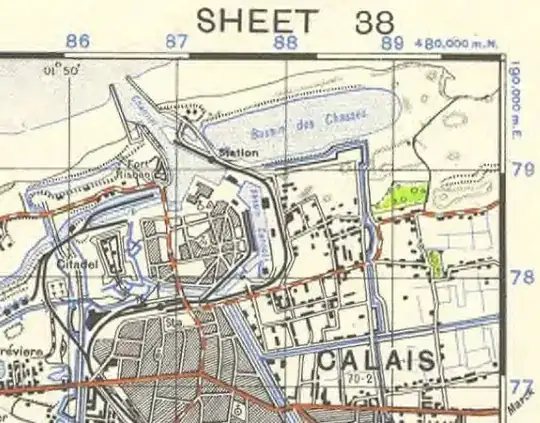 Royal Engineers topographical map from 1942 showing the built-up area of Calais and the port.