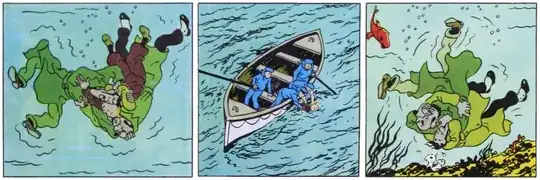 Three comic-book panels. In the first, Tintin, Ramón and Alonso are struggling with each other underwater. In the second, Tintin is being pulled from the sea by three sailors in a rowboat. In the third, Ramón and Alonso are still struggling as they reach the seabad.