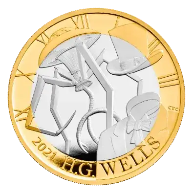 Obverse of £2 coin, depicting: a Martian vehicle resembling a table lamp with a tentacle, supported on four spindly legs; an invisible man, wearing a bow tie and a top hat; Roman numerals from IX to III around the top half of the rim; and "2021 H. G. WELLS" around the bottom half. The design is signed “CTC” for “Chris Costello”