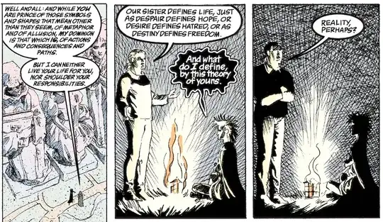 Left panel (Destiny speaks): "Well and all: and while you are prince of those symbols and shapes that mean other than they seem, of metaphor and of allusion, my domain is that which is, of actions and consequences and paths. But I can neither live your life for you, nor shoulder your responsibilities." On the right, Destruction speaks: "Our sister defines life, just as Despair defines hope, or Desire defines hatred, or as Destiny defines freedom." Morpheus: "And what do I define, by this analogy of yours." Destruction: "Reality, perhaps?"