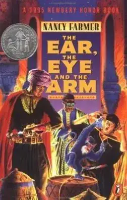 The cover of a book titled "The Ear, the Eye and the Arm" by Nancy Farmer. The cover includes the depiction of three men in robes, one of which has wears a turban and appears to be drawing a dagger. There is also a monkey dancing on a barrel.
