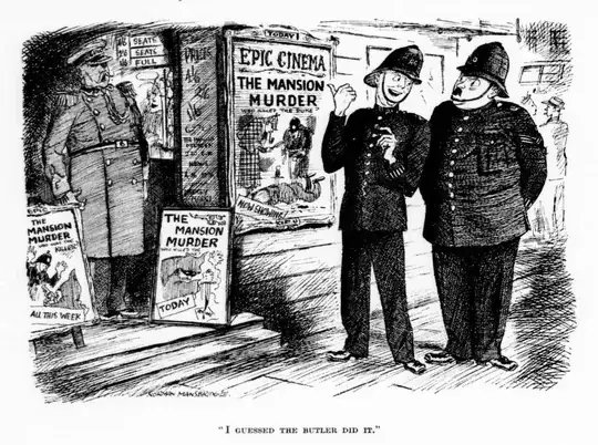 Two uniformed British policemen are standing in the street outside the Epic Cinema. In the doorway at the top of some steps a mustachoied doorman in a military-style unform with shoulder-boards, braid, and cap, is talking to a woman whose face we can see through the box-office window, above which a sign indicates that the one-and-sixpence seats are sold out but there are still seats for two-and-sixpence and four-and-sixpence. The cinema is advertising “The Mansion Murder” on a poster showing a corpse with a dagger in its back, a detective with a magnifying glass, inverness cape, deerstalker, and calabash pipe, and a police constable examining the body. Two billboards show scenes with a masked, hooded figure brandishing a revolver in one and a bloody dagger in the other. On the street, the younger policeman jerks his thumb at the poster and says to his older colleague, “I guessed the butler did it”.